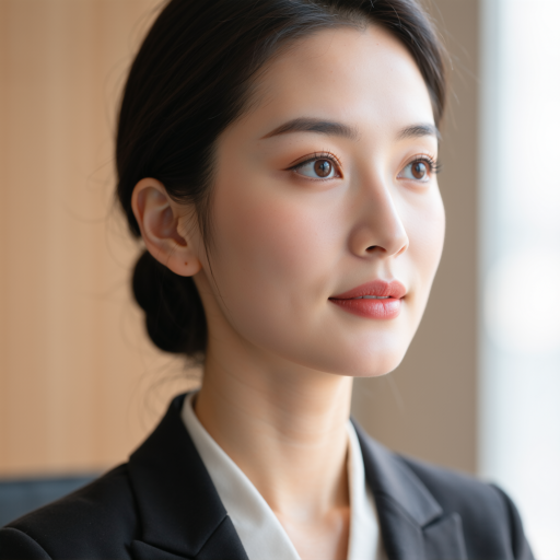 三十五岁左右女性头像，穿职业套装，浅色背景